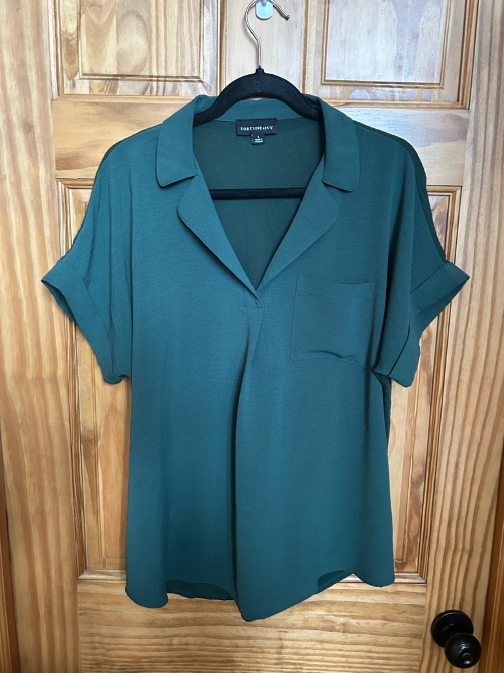 Fortune & Ivy Deep Teal Green Short Sleeve V-Neck Camp Collar Top